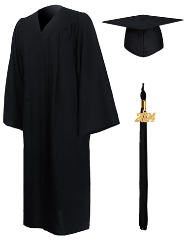 GraduationMall Matte Graduation Gown Cap Tassel Set 2024 for High School and Bachelor Black 51(5'6'-5'8')