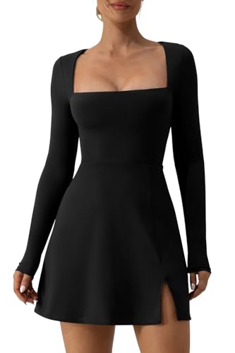 QINSEN Womens Square Neck Double Lined Top Long Sleeve Athleisure Mini Dress Black L