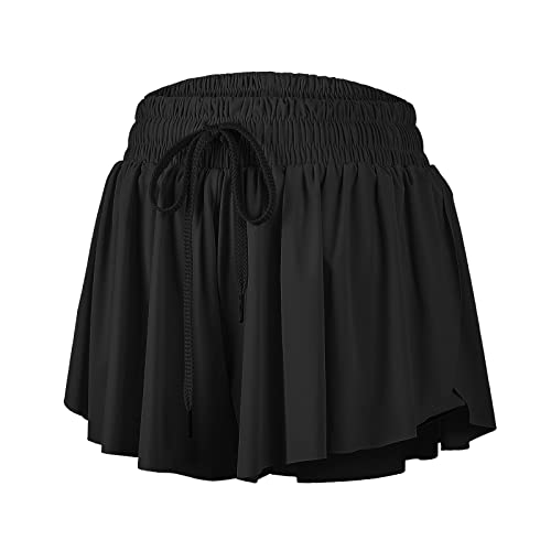 Flowy Shorts for Women Gym Yoga Athletic Workout Running Exercise Sweat Spandex Cute Teen Girls Tennis Skorts Skirt with Pockets Trendy Clothes Casual Summer(S, Black)