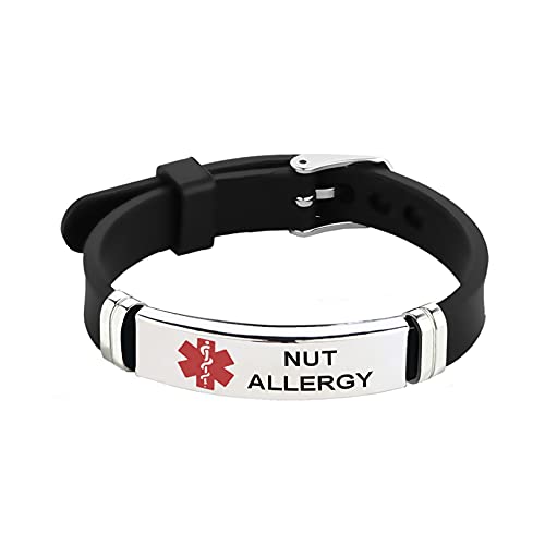 TGLS Red Medical Alert Emergency First Aid Bracelet Nut Allergy Laser Engraved Silicone Bangle Wristband Bracelet for Men Women Adjustable