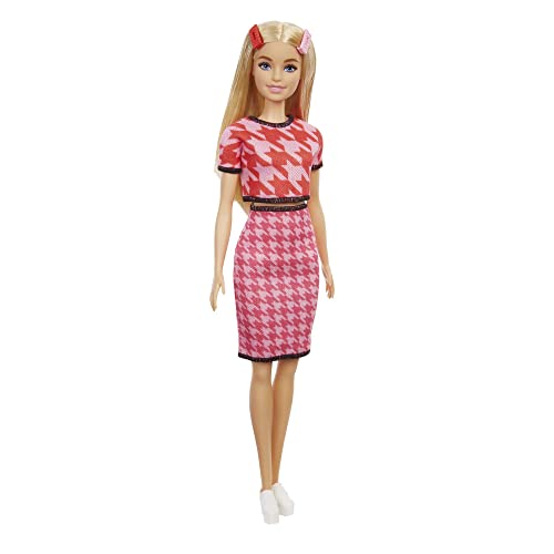 Barbie Fashionistas Doll with Long Blonde Hair & Houndstooth Crop Top & Skirt, Platform Shoes & 2 Barrettes, Toy for Kids 3 to 8 Years Old
