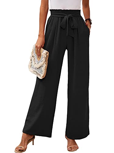 Heymoments Women's Wide Leg Lounge Pants with Pockets Black Large Lightweight High Waisted Adjustable Tie Knot Loose Comfy Casual Trousers
