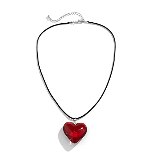 YURAOER Y2K Red Heart Necklace for Women - Chunky Glass Puffy Red Choker Necklace Aesthetic Grunge Jewelry Gifts for Teen Girls