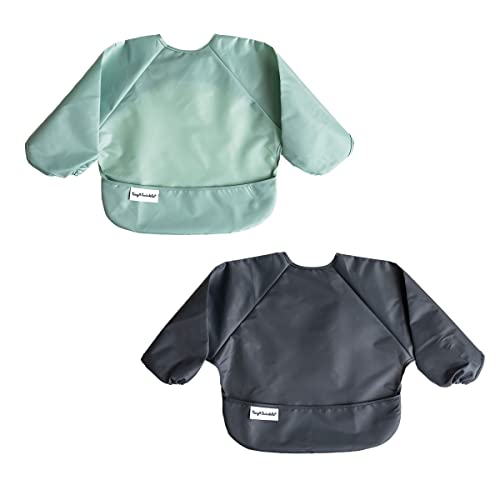 Tiny Twinkle Mess Proof Baby Bib, 2 Pack Long Sleeve Bib Outfit, Waterproof Bibs for Toddlers, Machine Washable, Tug Proof (Sage Charcoal, Small 6-24 Months)