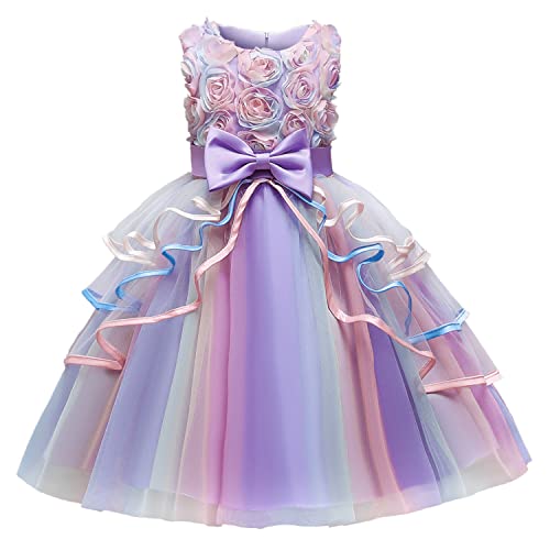 NNJXD Girl Dress Kids Ruffles Lace Party Wedding Dresses Size (130) 5-6 Years Flower 736 Purple