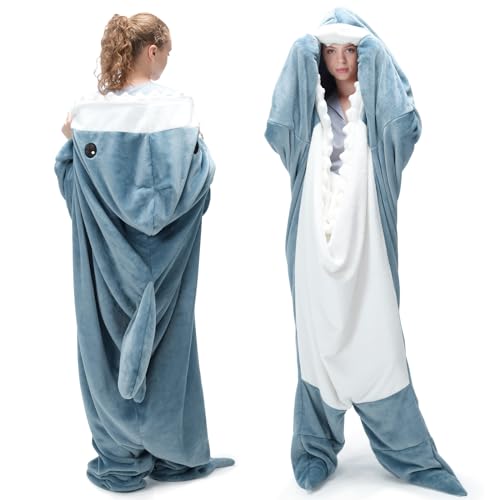 Touchat Shark Blanket for Adult Super Soft Cozy Flannel Throw Wearable Blanket, Cartoon Animals Shark Blanket Hoodie, Sleeping Bag Cosplay Shark Costume Blanket Gifts for Shark Lovers (Blue,M)