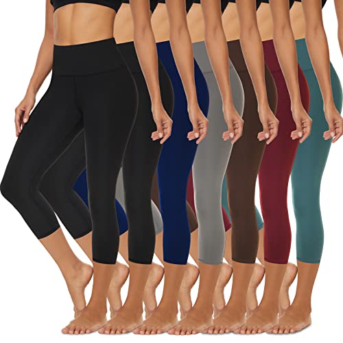 FULLSOFT 7 Pack Capri High Waist Leggings for Women-Soft Slim Tummy Control Yoga Pants-Workout Running Leggings(L,2HC)