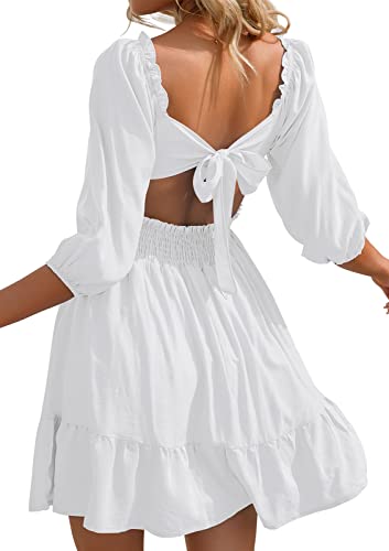 Phortric Womens Tie Back Summer Dress Square Neck Long Lantern Sleeve Off Shoulder A-Line Casual Mini Dresses A-White