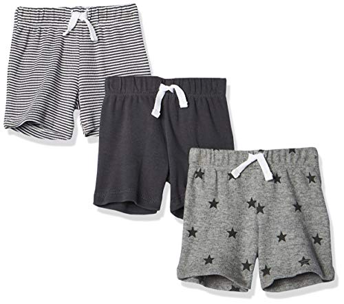 Amazon Essentials Unisex Babies' Cotton Pull-On Shorts, Pack of 3, Black/Grey Heather Stars/White Stripe, 24 Months