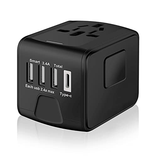 SAUNORCH Universal International Travel Power Adapter W/High Speed 2.4A USB, 3.0A Type-C Wall Charger, European Adapter, Worldwide AC Outlet Plugs Adapters for Europe, UK, US, AU, Asia-Black