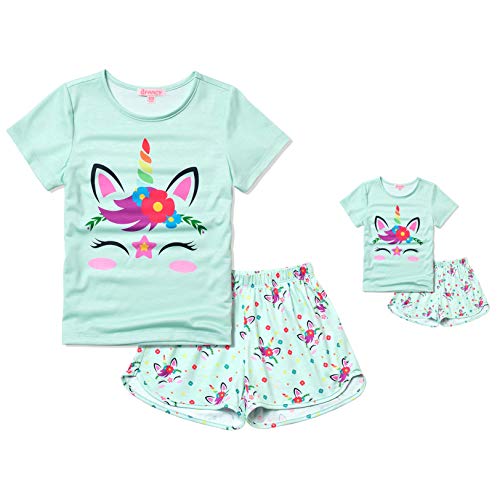 Matching Girls&Doll Pajamas Mint Green Unicorn Pjs Sets 18-inch Dolls Night Shirts,Size 8 9