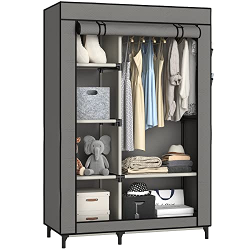 Buzowruil Canvas Wardrobe Portable Closet Wardrobe Clothes Storage with 6 Shelves and Hanging Rail,Non-Woven Fabric, Quick and Easy Assembly,Grey