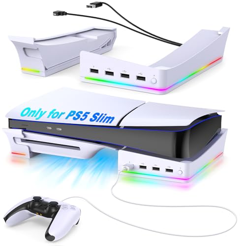 Auarte 2023 RGB Horizontal Stand for PS5 Slim Console Accessories with 14 Light Mode and 4 USB Hubs, Side Stand for Playstation 5 Slim Disc & Digital, Base Holder with Fast Controller Charging, White