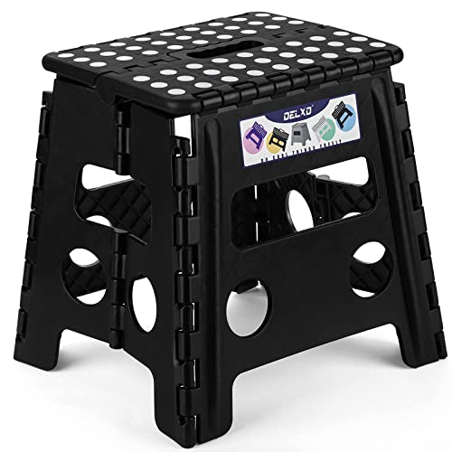 Delxo Folding Step Stool, 13 inch Non-Slip Foldable Stools for Kids & Adults Up to 300 LBS, Step Stool with Handle, Lightweight for Kitchen, Bathroom, Bedroom, Garden, Black, 1PC