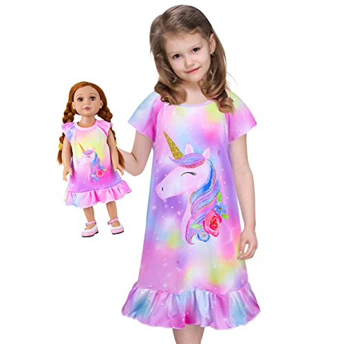 ICOSY Matching Girls & Doll Nightgowns Clothes Unicorn Pajamas Sleepwear Outfit for Girls and American 18' Girl Doll