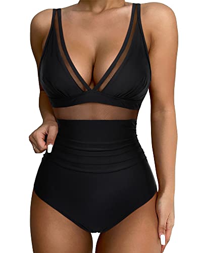SUUKSESS Women Slimming Tummy Control One Piece Swimsuits Sexy Mesh High Waisted Monokini Bathing Suits (Black, L)