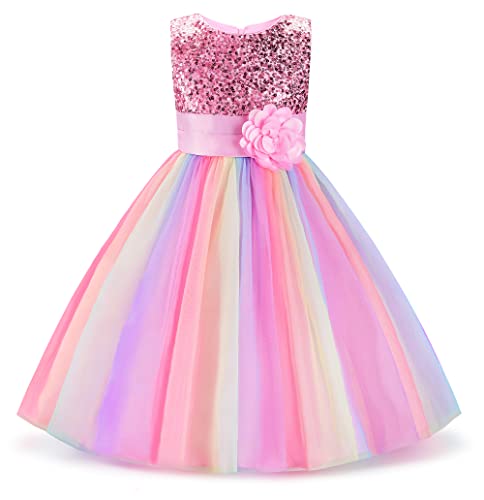 Uhnice Little Girl's Sequin Sleeveless Mesh Rainbow Dress for Wedding Party (5 Years, Pink)