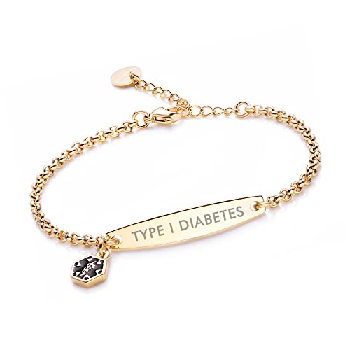 LinnaLove-Gold Simple Rolo chain Medical alert id bracelet for Women Type 1 Diabetes Bracelets