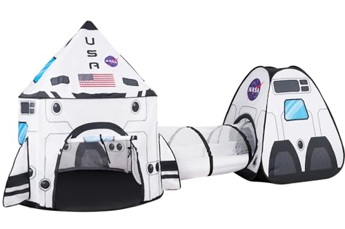 JOYIN White Rocket Ship Pop up Play Tent with Tunnel and Playhouse Kids Indoor Outdoor Spaceship Tent Set