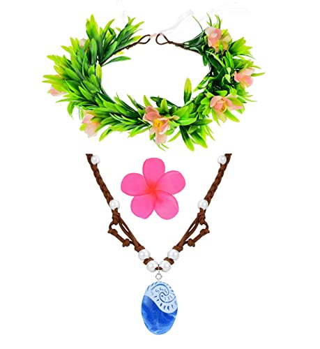 DDazzling Hawaii Flowers Garland Headdress Flower Clip with Moana Necklace Party Theam Dress Up Accessory Set (Green Pink Blue)