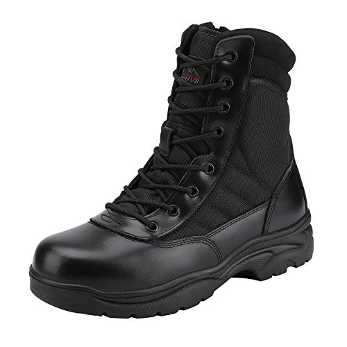 NORTIV 8 Mens Military Tactical Work Boots Side Zipper Leather Outdoor 8 Inches Motorcycle Combat Boots Size 11 Wide US Trooper-W, Black-8 Inches