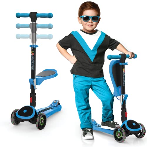 SKIDEE Kick Scooters for Kids (Suitable for 2-12 Year Old) Adjustable Height Foldable Scooter Removable Seat, 3 LED Light Wheels, Rear Brake, Wide Standing Board, Outdoor Activities for Boys/Girls