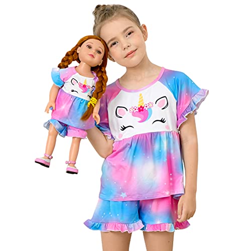 Girl & Doll Matching Pajamas Unicorn Outfit Clothes for Girls and 18' Dolls Pajama Sets (Doll Not Included), Purple Blue, 3-4T