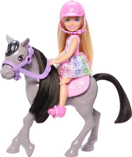 Barbie Chelsea Doll & Toy Horse Set, Includes Helmet Accessory & Saddle, Doll Bends at Knees to “Ride” Gray Pony