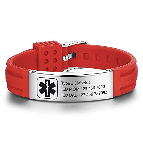 OPALSTOCK Personalized Adjustable Medical Bracelets Sport Emergency ID Bracelets Free Engraving 9 Inches Silicone Waterproof ID Alert Bracelets for Men Women Kids (Red)