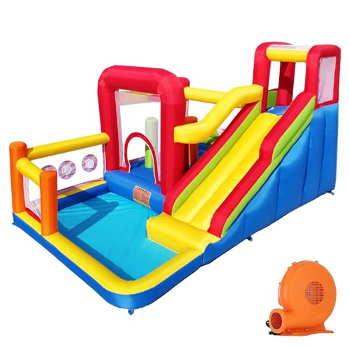 Hongcoral Bounce House, Inflatable Bounce Castle with Blower for Kids, Blow Up Jumping Bouncer with Slide, Climbing Wall, Obstacles, Trampoline, Ball Pit Pool for Indoor Outdoor