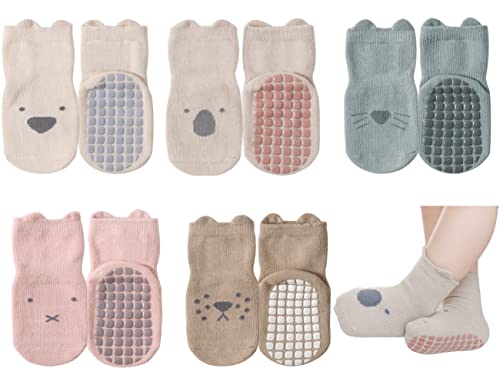 Exegawe Toddler Non Slip Socks, Cute Baby Socks with Grips Crew Socks 5 Pairs(M/1-3y)