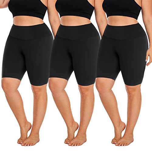 Hi Clasmix 3 Pack Plus Size Biker Shorts for Women(1X-4X)-High Waisted Non-See Through Workout Super Soft Black Yoga Shorts(3 Pack Black,3XL)