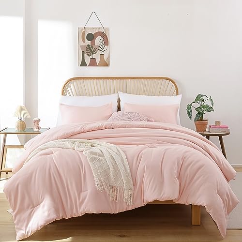 ROSGONIA Blush Comforter Set Queen, 3pcs (1 Boho Pink Comforter & 2 Pillowcases) All Season Soft Bedding Lightweight Bedspread Blanket Quilt Gifts