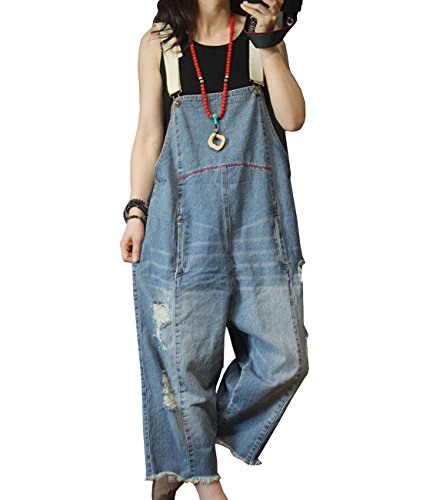 YESNO Women Casual Loose Cropped Denim Jumpsuits Rompers 90s Jeans Overalls Distressed Ripped Fringed/Pockets 3XL P49 Blue