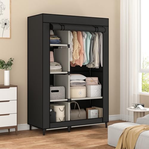 Calmootey Portable Closet Organizers, Clothing Storage, Wardrobe with 6 Shelves and Hanging Rod, Non-Woven Fabric Cover with 4 Side Pockets, Black