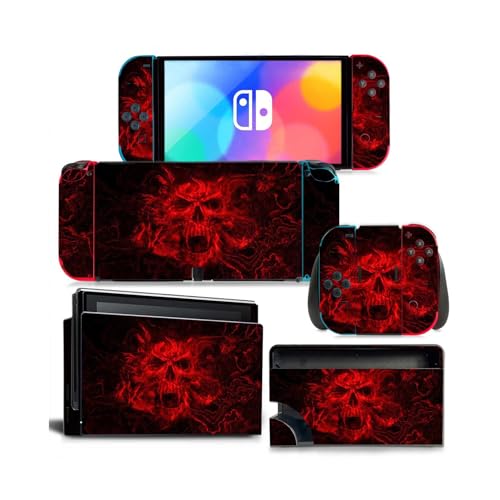 Protective Skin Wrap Vinyl Decal Protector Wrap Cover Protective Faceplate Full Set for Nintendo OLED,Skin Sticker for Nintendo OLED Console Controllers(Red Skull)