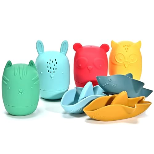 7-Piece Mold Free Silicone Baby Bath Toy Set for Infants 6-12 Months, Bathtub Toys for Toddlers 1-3, Water Toys, Pool Toy, Dishwasher Safe