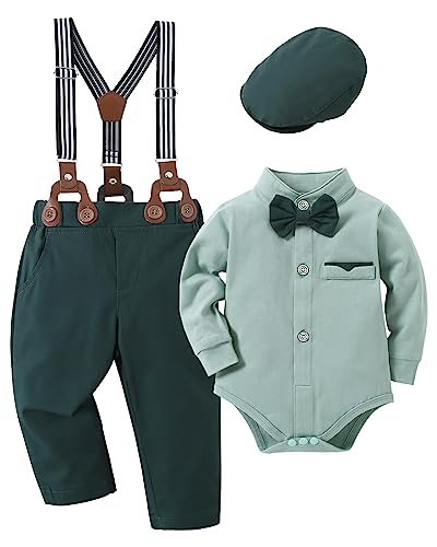 SOLOYEE Infant Baby Boy Suits Clothes 12-18 Months Boy Gentleman Outfits Long Sleeve Dress Romper+Suspender Pants+Bowtie+Beret Hat 1 Year Old Birthday Outfit Boy