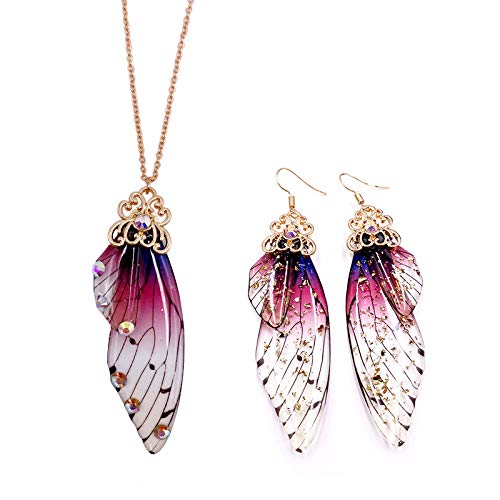 Faerie Butterfly Wing Foil Rhinestone Earrings Necklace Set Unique Fairy Simulation Big Monarch Butterflies Earring Classy Handmade Jewelry for Women Girls-Red Jewelryset
