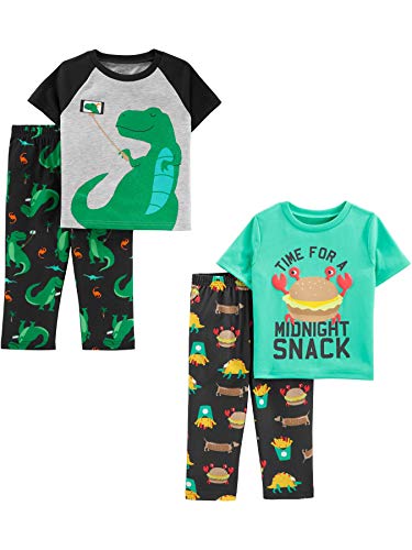 Simple Joys by Carter's Boys' 4-Piece Pajama Set (Short Sleeve Poly Top & Fleece Bottom), Grey/Green/Dinosaur/Fun Food, 5T