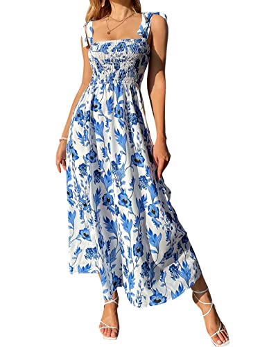 MakeMeChic Women's Summer Boho Dress Casual Floral Print Spaghetti Strap Square Neck Long Maxi Dress Beach Sun Dress A Blue and White S
