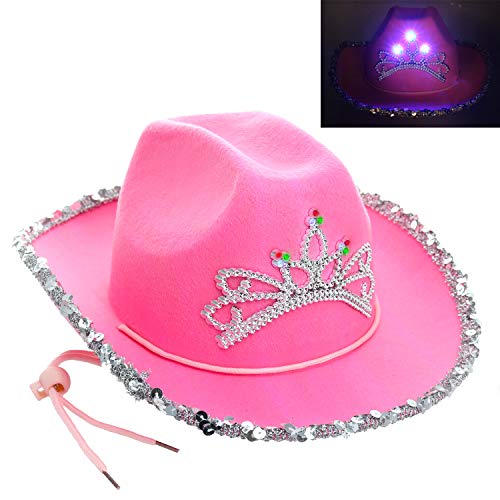 GIFTEXPRESS CHILD LED Blinking Pink Tiara Cowgirl hat Light Up Cowboy Hat - CHILD SIZE