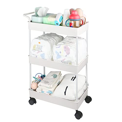 Volnamal Baby Diaper Caddy, Plastic Movable Cart for Newborn Nursery Essentials Diaper Storage Caddy Organizer for Changing Table & Crib, Easy to Assemble, Beige