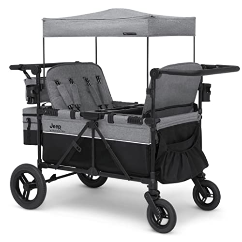 Jeep Wrangler Deluxe 4 Seater Stroller Wagon by Delta Children - Premium Quad Stroller Wagon for 4 Kids with Convertible Seats, Adjustable Push/Pull Handles, Removable Canopy & Flat Fold, Grey