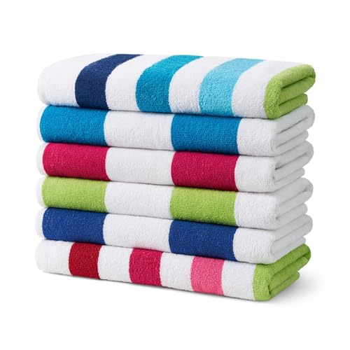 Ben Kaufman Cabana Stripe Beach & Pool Towel - Large Cotton Terry Beach Towel - Soft & Absorbant - Assorted Colors - 30' x 60' - 6 Pack