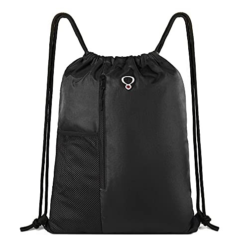 BeeGreen Black Drawstring Backpack Gym Bag For Men Women String Sports Backpack With Water Bottle Mesh Pockets And 2 Zippered Pocket Large Cinch Sackpack Workout Bag 16' x 20'