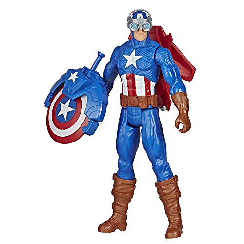 Avengers Marvel Titan Hero Series Blast Gear Captain America, 12-Inch Toy, with Launcher, 2 Accessories and Projectile, Ages 4 and Up , Blue