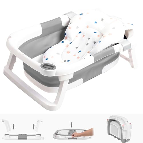 NAPEI Collapsible Baby Bathtub,Baby Bath Tub with Soft Cushion & Thermometer,Baby Bathtub Newborn to Toddler 0-36 Months,Portable Travel Baby Tub,Gray