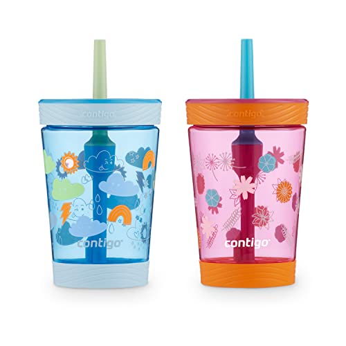 Contigo Kids Spill-Proof 14oz Tumbler with Straw and BPA-Free Plastic, Fits Most Cup Holders and Dishwasher Safe, 2-Pack Dragonfruit Wildflowers & Blue Poppy Clouds