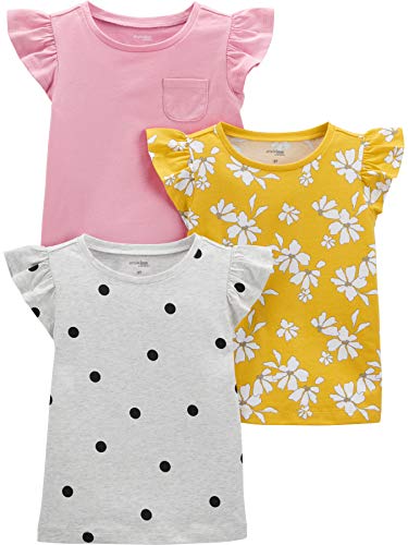 Simple Joys by Carter's Girls' Short-Sleeve Shirts and Tops, Pack of 3, Grey Polka Dot/Pink/Yellow Flowers, 3T